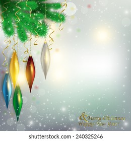 twigs of the tree with hanging colorful toys and aircraft flying. Christmas background with hanging toys on barbed branches, Christmas holiday, greeting card, menu, map.
