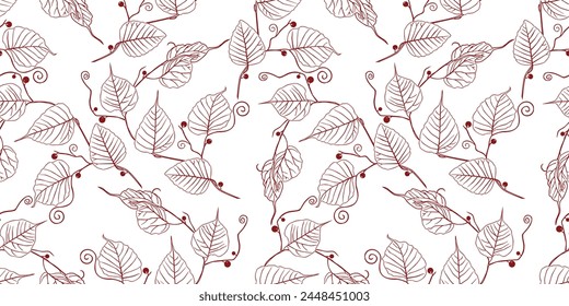 Twigs,leaves,berries,tendrils,delicate,outline;fruit tree,branches,decorative,contour drawing,pattern,seamless, vector,background, red,wallpaper,textile,illustration, leaf,paper,fabric