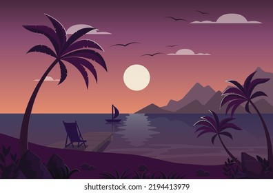 Twilight Beach - Ilustración moderna de paisajes planos