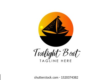 twilight boat logo template with a silhouette ship and sunset on a beach