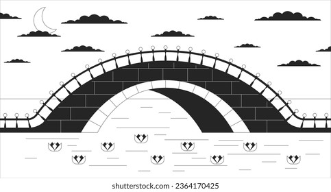 Twilight bridge across river black and white lo fi aesthetic wallpaper. Crescent moon dusk above water lilies outline 2D vector cartoon landscape illustration, monochrome lofi background