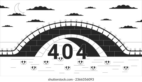 Twilight bridge across river black white error 404 flash message. Dusk above water lilies. Monochrome landing page ui design. Not found cartoon image, dreamy vibes. Vector flat outline illustration