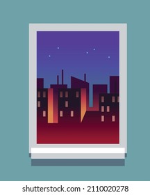 Twilight in city. Window frame view. Daytime outside apartment