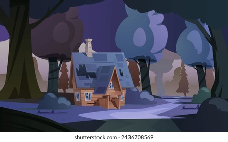 Twilight descends upon a secluded wooden house in a forest clearing, captured in a vector illustration with a moody, dusky palette.
