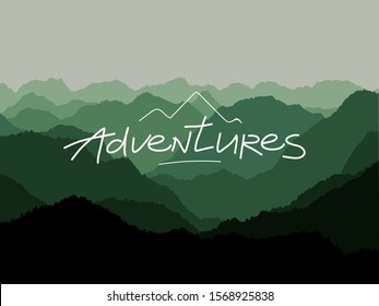 Twilight evening on the mountains. Traveling and adveture landscape lettering on the background of nature. beautiful bg in vector graphic style in green tone. 