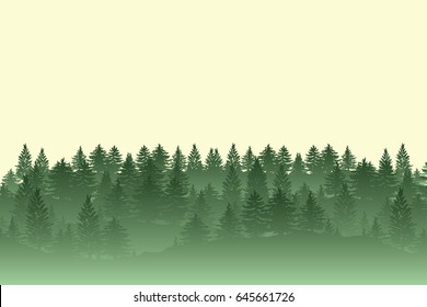 Twilight fog spruce forest trees silhouettes background vector illustration in green color.