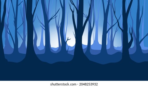 Twilight forest backdrop. Scary foresty scenery vector image, horror foggy woods landscape, spooky mist trees background, mysterious night dark atmospheric panorama