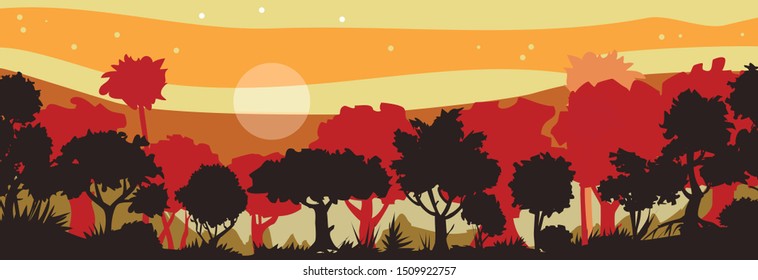 Twilight Forest. Shrubs and young trees. Night summer meadow. Lawn. Spring morning. Yellow, golden sky. Matting the fog. Overgrown hills. Horizon. Scenery. Decoration. Nature. Vector illustration