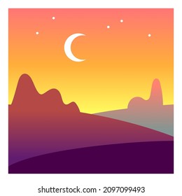 Twilight landscape. Moon crescent in light evening sky