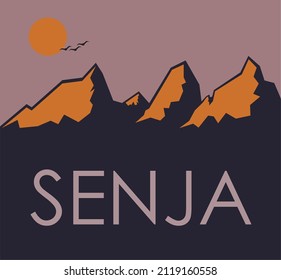 twilight mountain design flat background with orange evening sun and some birds