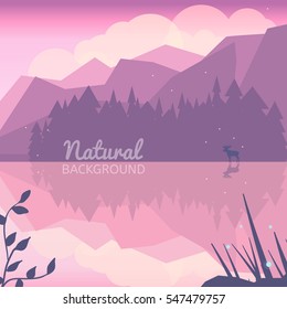 Twilight northen background. Northen lights concept illustration. Nature landscape with mountains, lake, forest and deer. Pink landscape.