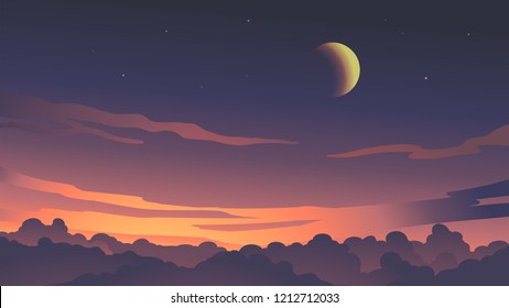 twilight purple sky with clouds and moon background vector. Background banner, poster, card, illustration