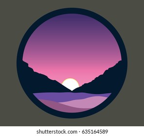 Twilight, purple sky and mountains silhouette
vector illustration, nature landscape, abstract circle frame