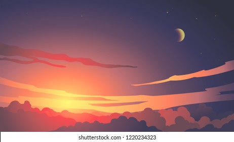 twilight purple sky sunset with clouds and moon background vector. Background banner, poster, card, illustration