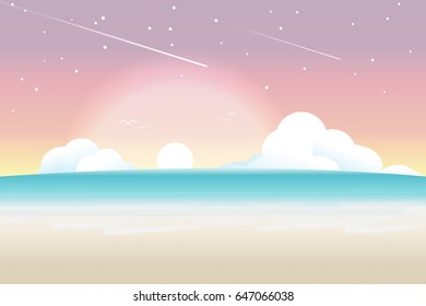 Twilight Sea Background with waves, sun, cloud and star, Vector Illustration