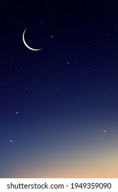 Twilight Sky with Crescent Moon in Evening,Vertical sunlight banner in Ramadan dark blue night with Dramatic Suset, Dusk sky for Islamic religion,Eid al-Adha,Eid Mubarak,Eid al fitr,Ramadan Kareem