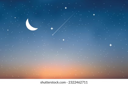 Twilight sky light glowing from horizon. Moon stars night background