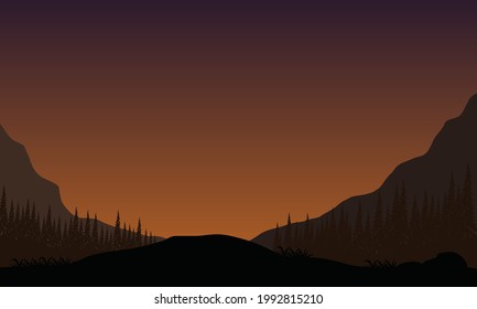 The twilight sky is really beautiful with a view of the beautiful silhouette of mountains and pines from the edge of the city. Vector illustration of a city