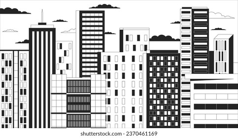 Twilight skyscrapers black and white chill lo fi background. High rise buildings sundown dusk linear 2D vector cartoon cityscape illustration, monochromatic lofi wallpaper desktop. Bw 90s retro art