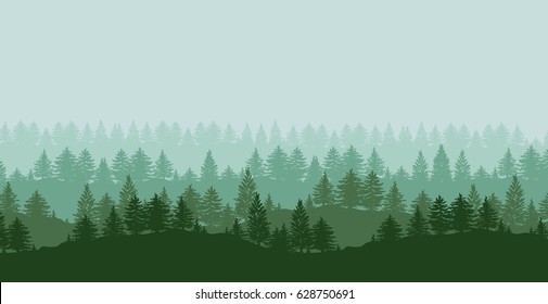 Twilight spruce forest trees green silhouettes background vector illustration.