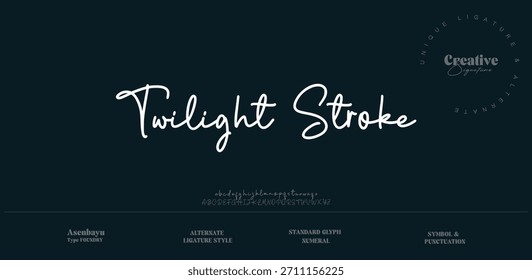 Twilight Stroke es una fuente de escritura de firma limpia, elegante y suave con un flujo mínimo. Lo mejor para marcas de lujo, logotipos de Fotografías y firmas personales.