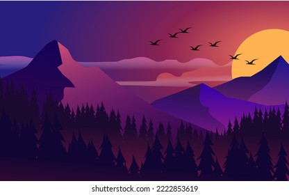 Twilight sunset landscape with mountain and forest vector scenery illustration