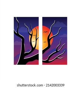Twilight vector with silhouette of tree branches and sunset for interior decoration