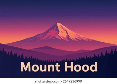 As vistas crepusculares do Monte Hood criam uma cena hipnotizante, com o icônico pico da montanha projetado contra o céu macio da noite