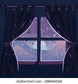 Twilight winter landscape seen through the window. Cozy home with curtains. Mountain view with snowflakes and birds.