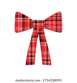 Twill Plaid Bow. Red Scottish in Band in Knoten prüfen. Schottische Stoffdekoration. Vektorgrafik auf isoliertem Hintergrund. Überprüfen Sie Ribbon gebunden, Ecke. Handgezeichnetes Design für Karte, Einladung, Flayer