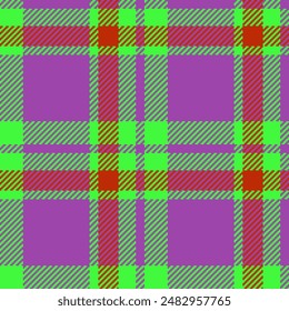 Twill textile background seamless, scenery check plaid fabric. Classy vector pattern tartan texture in purple and green colors palette.