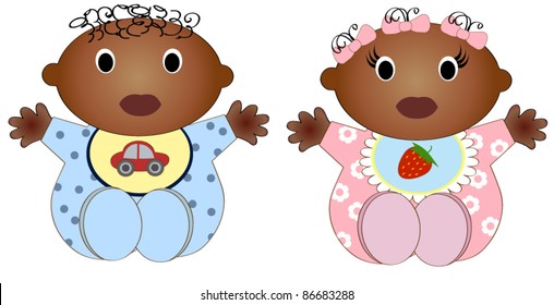 Twin african Baby Boy And Girl.Vector illustration Two children