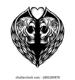 
twin angel skull character illustration design with wings