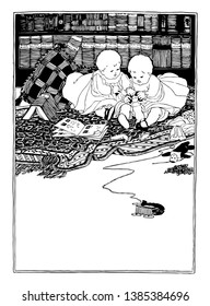 Twin Babies fighting over a doll, vintage line drawing or engraving illustration.
