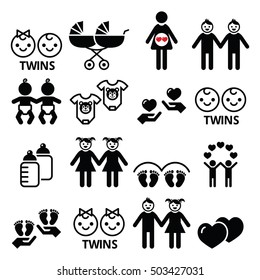 Twin babies icons set - double pram, twin boy and girl designs
