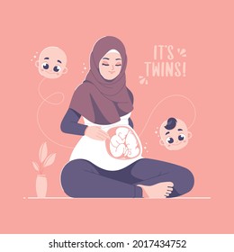 twin babies and pregnancy hijab girl concept illustration