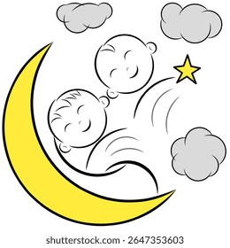 Los bebés gemelos duermen acompañados de la luna, la estrella y las nubes