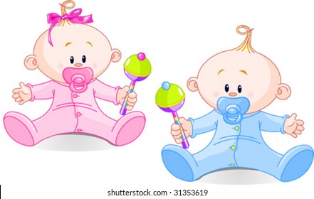 Twin Baby Boy And Girl  playing with rattles