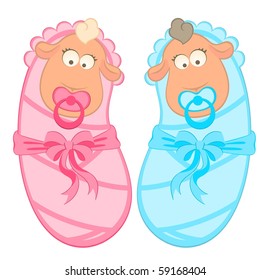 Twin Baby Boy And Girl playing with dummy isolated on a white background
