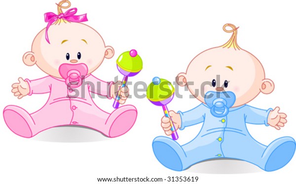 Twin Baby Boy Girl Playing Rattles Stock Vector (Royalty Free) 31353619