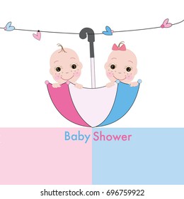 Twin Baby Boy And Girl With Umbrella Baby Shower Card