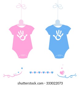 Twin baby girl and boy, baby body with hand prints arrival greeting card vector