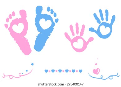 Twin Baby Girl And Boy Feet And Hand Print Arrival Card