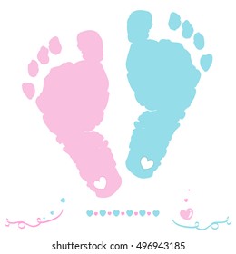 Twin Baby Girl And Boy Feet Prints Arrival Greeting Card Vector Illustration