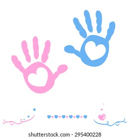 Twin baby girl and boy hand prints arrival greeting card vector