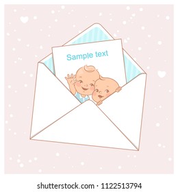 Twin baby shower card.  Cute little twins in envelope. Design template. Vector illustration.