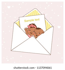 Twin baby shower card.  Cute little twins in envelope.Boy and girl.Ethnic children waving hands. Dark skin baby shower. Design template. Vector illustration.