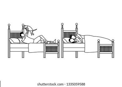 twin bed room and couple coodle in black and white