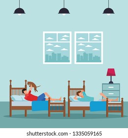twin bed room and faceless people