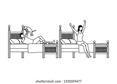 twin bed room and faceless people in black and white